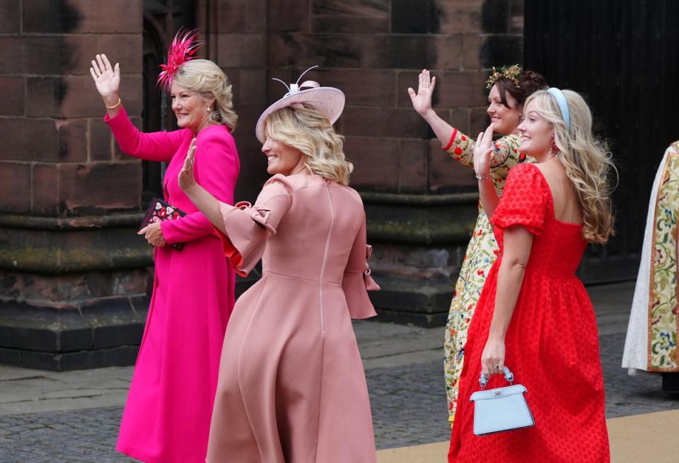 Mother of the groom, Natalia Grosvenor, Duchess of Westminster, arrives with the duke’s sisters (Peter Byrne/PA Wire)