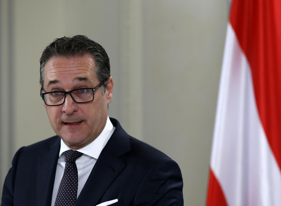 FILE - In this Feb. 12, 2018 file photo Austrian Vice-Chancellor Heinz-Christian Strache speaks during a press conference after talks with Serbian Foreign Minister Ivica Dacic in Belgrade, Serbia. Two German newspapers are reporting that the head of Austria's far-right Freedom Party offered government contracts in return for support for his party from a potential Russian donor shortly before the Austrian's 2017 parliamentary election. (AP Photo/Ronald Zak,file)