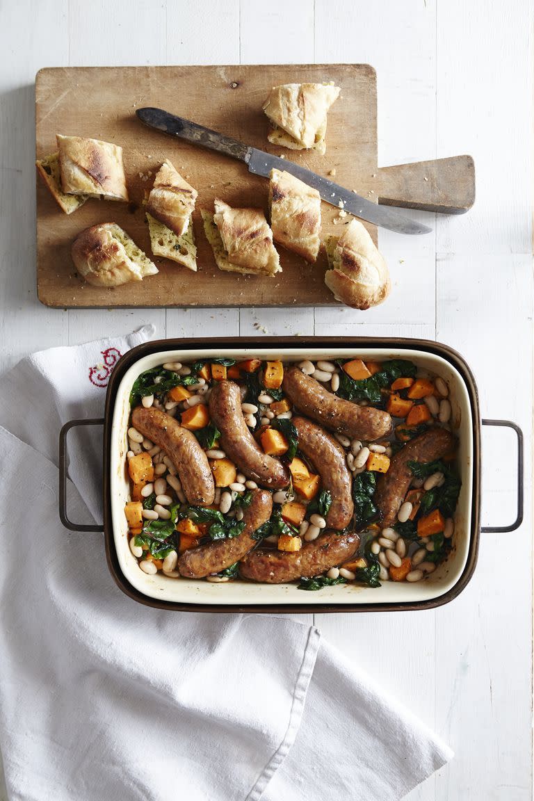 <p>Roasting sausage is a great alternative to grilling in the winter, and this richly flavored stew is perfect for a chilly night.</p><p><strong><a href="https://www.countryliving.com/food-drinks/recipes/a5995/roasted-sausages-sweet-potato-white-bean-stew-recipe-clx1214/" rel="nofollow noopener" target="_blank" data-ylk="slk:Get the recipe;elm:context_link;itc:0;sec:content-canvas" class="link ">Get the recipe</a>.</strong></p><p><a class="link " href="https://www.amazon.com/Cuisinart-Classic-Stainless-Rectangular-7117-16UR/dp/B003YLJZ6M/?tag=syn-yahoo-20&ascsubtag=%5Bartid%7C10063.g.35055779%5Bsrc%7Cyahoo-us" rel="nofollow noopener" target="_blank" data-ylk="slk:SHOP ROASTING PANS;elm:context_link;itc:0;sec:content-canvas">SHOP ROASTING PANS</a> </p>