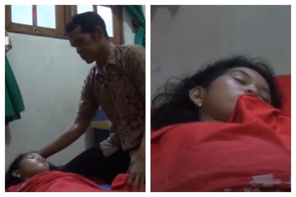  印尼少女伊恰罹患罕見睡眠障礙，經常沉睡不起，曾睡了13天才清醒。（翻攝自KOMPASTV Youtube）