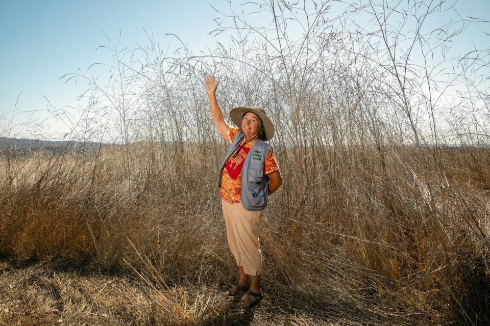 A woman standing in front of a tall grass.