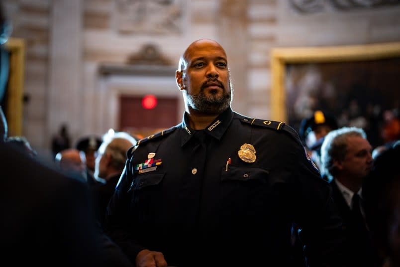 WASHINGTON, DC – DECEMBER 06: Capitol Police Offer Harry Dunn is seen following a Congressional Gold Medal Ceremony in honor of the US Capitol Police and those who protected the Capitol in the rotunda of the U.S. Capitol Building on Tuesday, Dec. 6, 2022 in Washington, DC. Bipartisan and bicameral leadership held the ceremony to award the Congressional Gold Medals to law enforcement officers who protected the U.S. Capitol Building on January 6, 2021. (Kent Nishimura / Los Angeles Times via Getty Images)