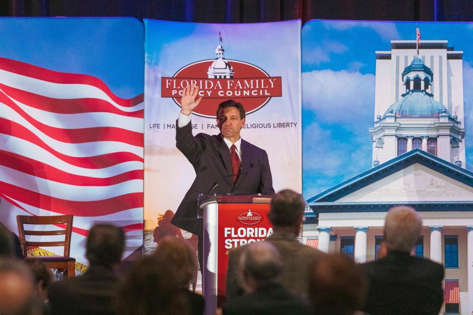 Florida Gov. Ron Desantis speaks during the Florida Family Policy Council Annual Dinner Gala in Orlando in May