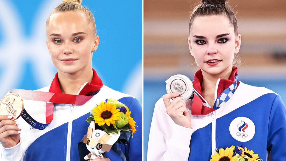 Angelina Melnikova and Dina Averina, pictured here at the Tokyo Olympics.