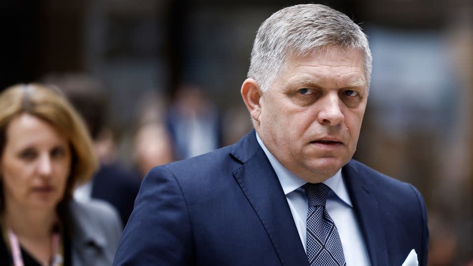 Slovakia's Prime Minister Robert Fico walks during the European Council summit at the EU headquarters in Brussels, on April 18, 2024. - Kenzo Tribouillard/AFP via Getty Images/FILE