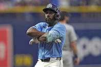 Tampa Bay Rays' Randy Arozarena reacts after his solo home run off Detroit Tigers starting pitcher Jack Flaherty during the first inning of a baseball game Wednesday, April 24, 2024, in St. Petersburg, Fla. (AP Photo/Chris O'Meara)