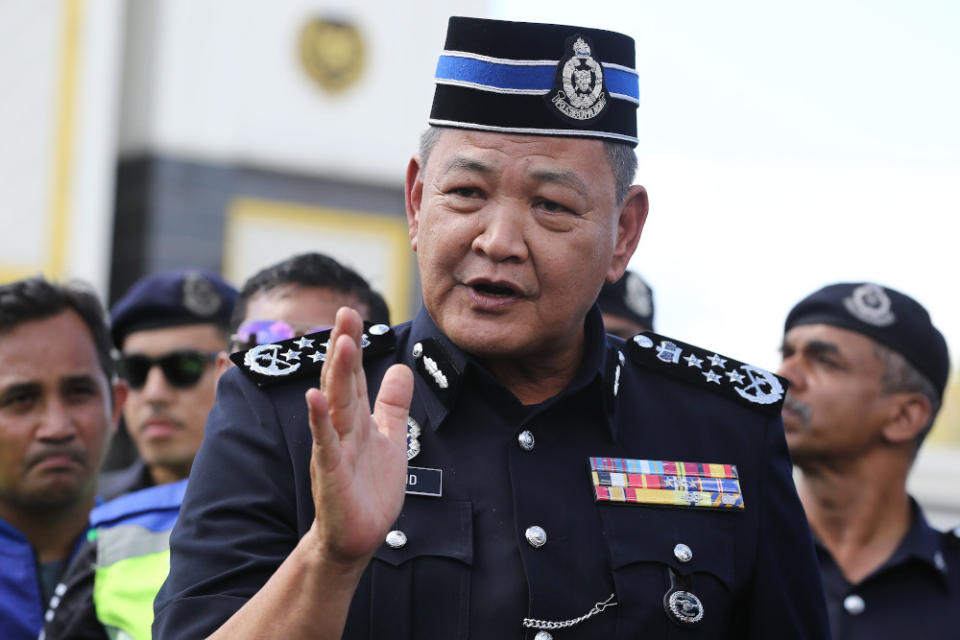 IGP Tan Sri Abdul Hamid Bador speaks to reporters outside Istana Negara in Kuala Lumpur February 28, 2020. — Picture by Yusof Mat Isa