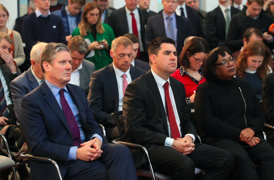 <em>Labour frontbenchers watch as Mr Corbyn made his speech in Wakefield (PA)</em>