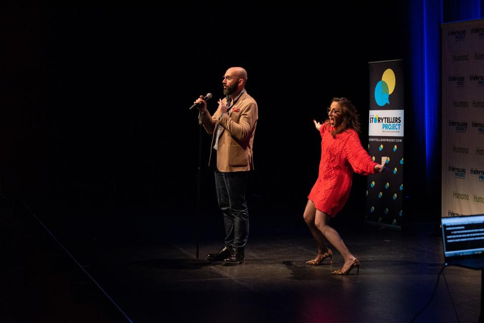 Vince Malouf and Megan Finnerty tell their tale during "Arizona Storytellers: Romance or Not" at the Scottsdale Center for Performing Arts on Wednesday, Feb. 13, 2019.