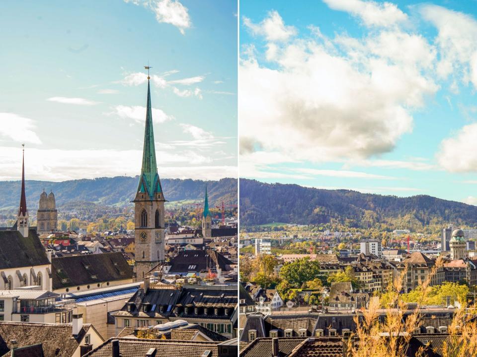 Two side-by-side images of tall buildings and trees in front of a mountain range with cloudy blue skies in the background