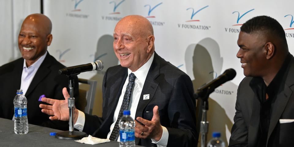Dick Vitale speaks at a press conference before the 2022 17th Annual Dick Vitale Gala at the Ritz-Carlton, Sarasota.