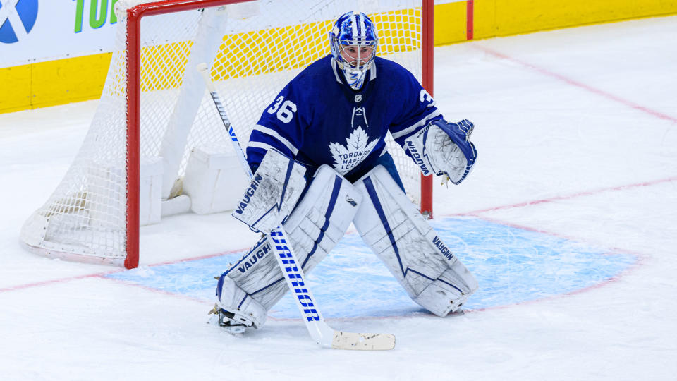 TORONTO, ON - MARCH 20: Toronto Maple Leafs Goalie Jack Campbell (36) tends the net during the NHL regular season game between the Calgary Flames and the Toronto Maple Leafs on March 20, 2021, at Scotiabank Arena in Toronto, ON, Canada. (Photo by Julian Avram/Icon Sportswire via Getty Images)