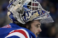 New York Rangers goaltender Igor Shesterkin (31) skates back to the goal before play restarts during the second period of Game 6 of an NHL hockey Stanley Cup second-round playoff series against the Carolina Hurricanes, Saturday, May 28, 2022, in New York. (AP Photo/John Minchillo)