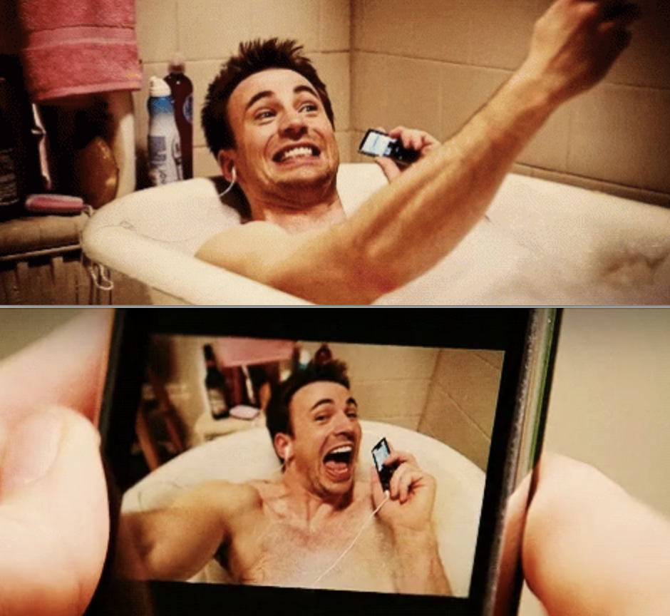 Chris Evans taking a selfie in a tub in "What's Your Number?"