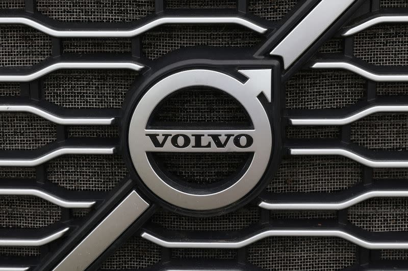 The Volvo logo is seen in truck for sale in Linden, New Jersey