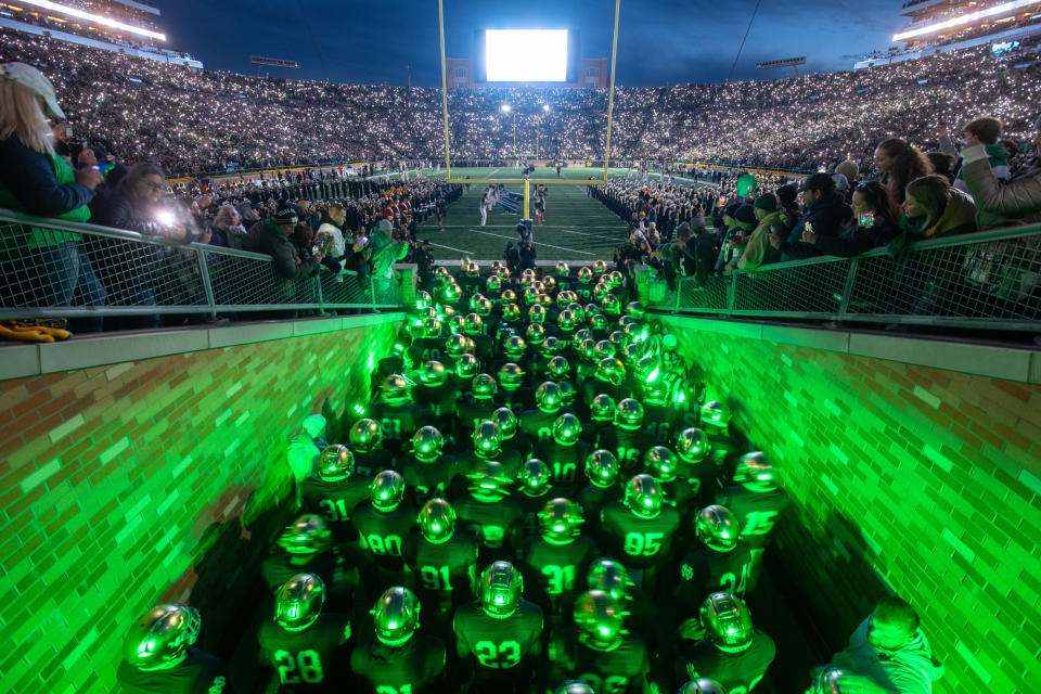 October 15, 2022;  South Bend, Indiana, USA;  The Notre Dame Fighting Irish wait in the tunnel before taking on the game against the Stanford Cardinals at Notre Dame Stadium.  Mandatory credit: Matt Cashore-USA TODAY Sports