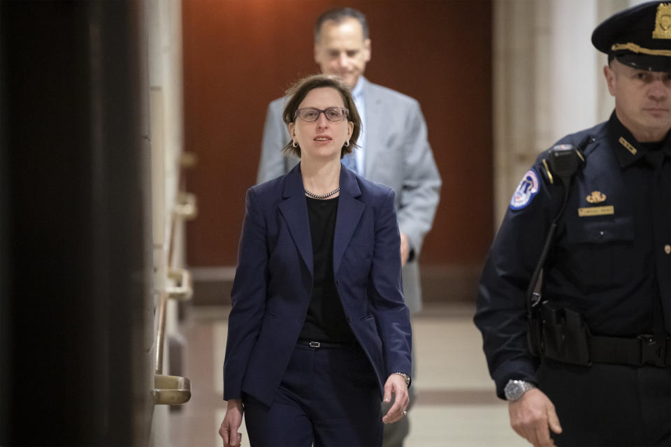 Laura Cooper, deputy assistant secretary of defense for Russia, Ukraine and Eurasia, returns to the Capitol on Oct. 30 to review her testimony and documents from an appearance last week in the impeachment inquiry. (Photo: ASSOCIATED PRESS)