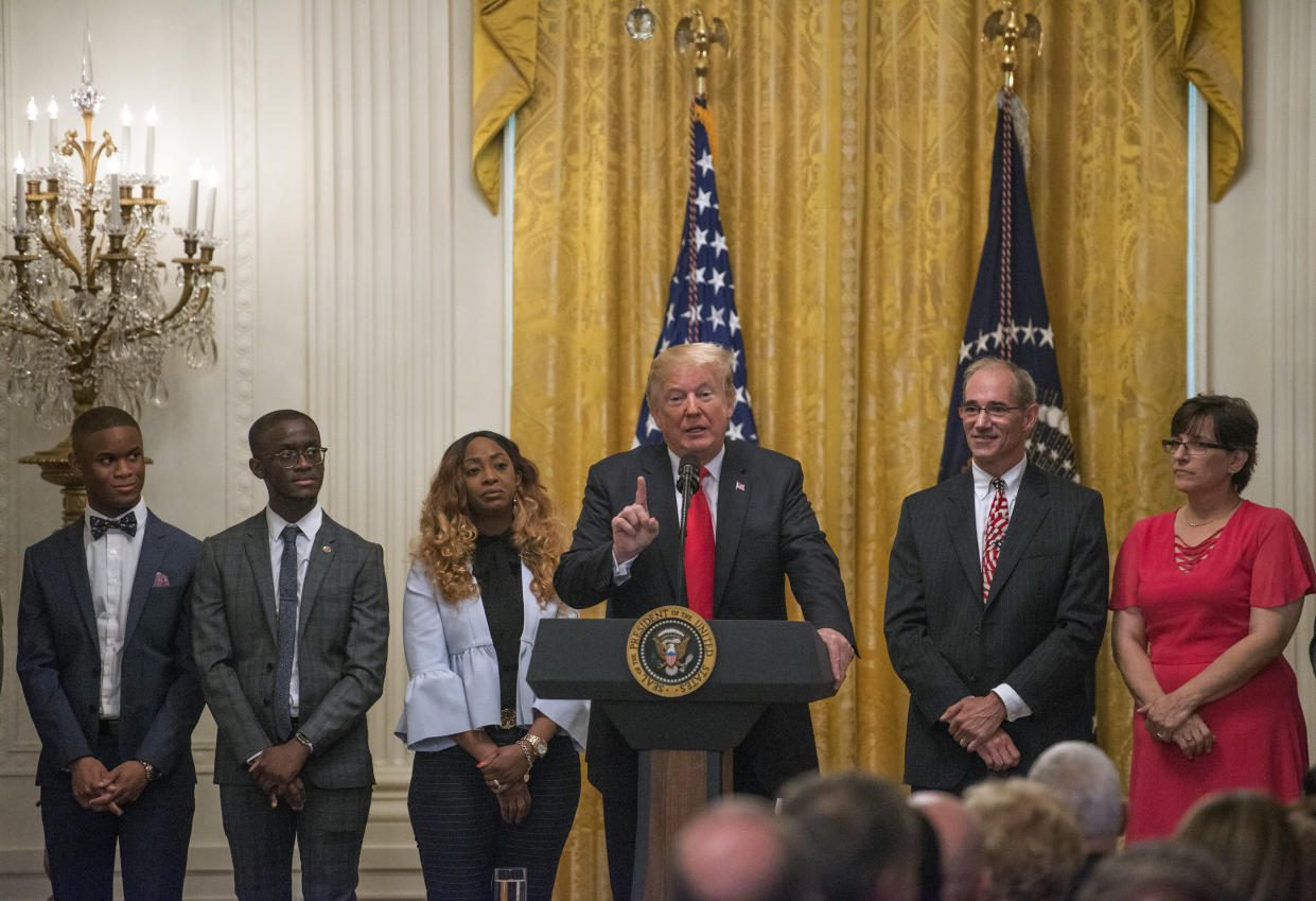 President Donald J Trump celebrates the six month anniversary of his tax cut at the White House last year. Credit: Patsy Lynch/MediaPunch /IPX