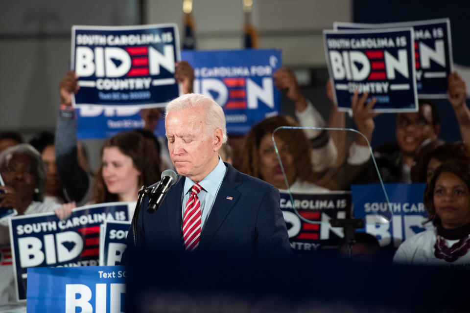 On the night of the 2020 New Hampshire primary, Joe Biden campaigns in South Carolina, where he is making his last stand. (Photo: Sean Rayford via Getty Images)