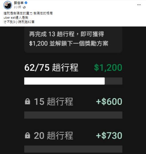 鄧佳華聲稱自己不到3小時就跑了62單。（圖／翻攝自鄧佳華臉書）