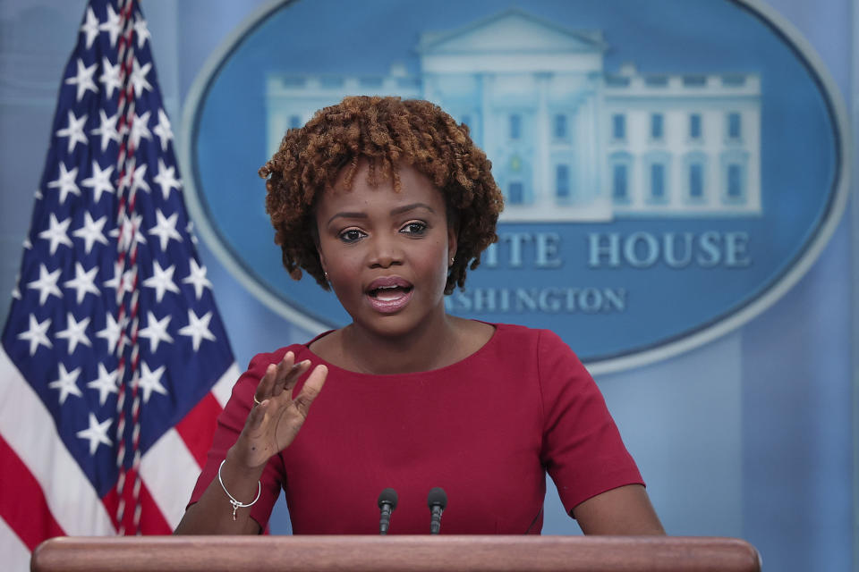 White House press secretary Karine Jean-Pierre speaking at the White House daily briefing.