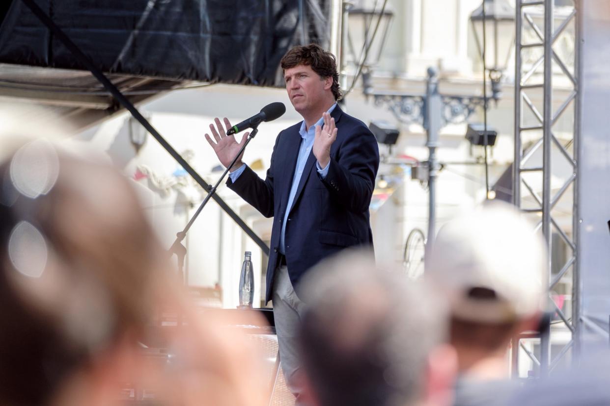 ucker Carlson speaks during the Mathias Corvinus Collegium (MCC) Feszt on August 7, 2021 in Esztergom, Hungary.