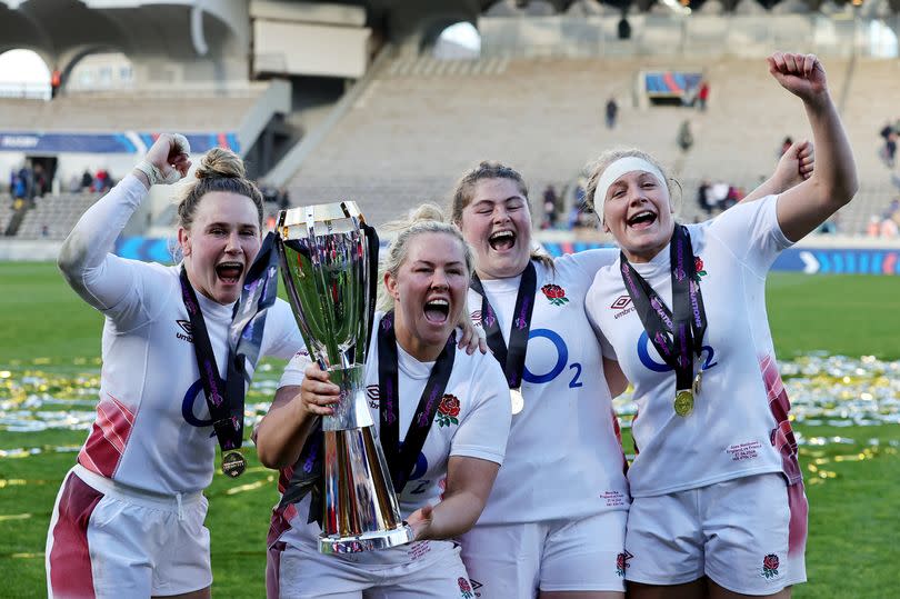 Megan Jones, Marlie Packer, Maud Muir and Alex Matthews celebrate with The Six Nations Trophy -Credit:Getty Images