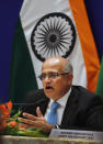 Indian Foreign Secretary Vijay Gokhale addresses a press conference after a meeting between Chinese President Xi Jinping and Indian Prime Minister Narendra Modi in Mamallapuram, in the southern Indian state of Tamil Nadu, Saturday, Oct. 12, 2019. Modi on Saturday told Xi that their relations have attained stability and fresh momentum in the past year and they would manage their differences prudently by not allowing them to become a dispute. (AP Photo/Manish Swarup)