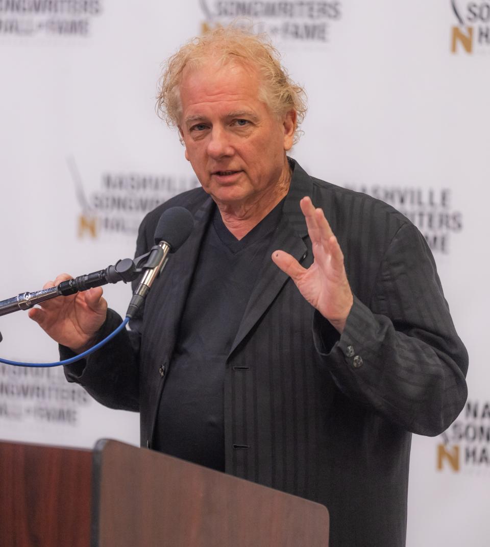 Rafe Van Hoy speaks during an event announcing that he will become one of the newest members of the Nashville Songwriters Hall of Fame on Aug. 3, 2023.