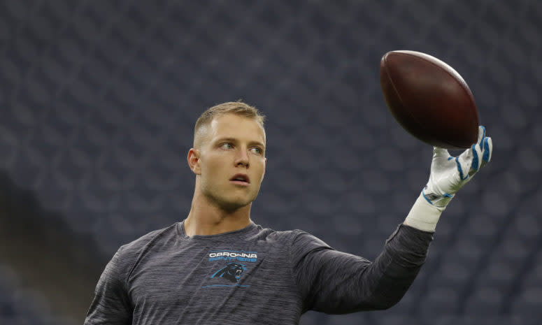 Christian McCaffrey warming up for the Panthers.