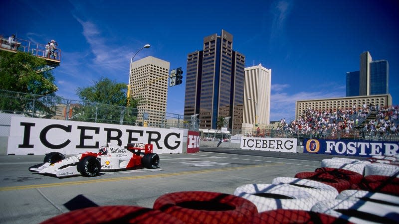 A photo of F1 cars on track at the Phoenix Street Circuit. 