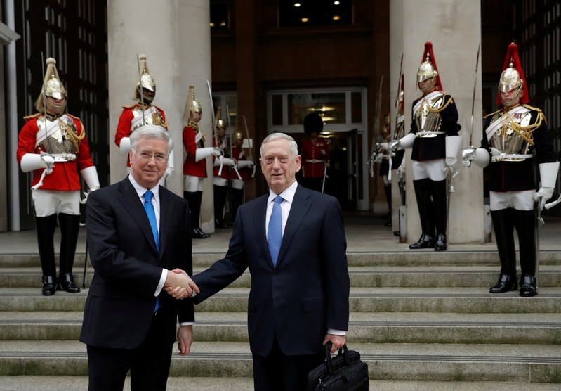 U.S. Defense Secretary James Mattis and Britain's Defence Secretary Michael Fallon pose for a handshake in front of a ceremonial guard of the Household Cavalry Mounted Regiment, as Mattis arrives for their meeting at the Ministry of Defence in London, March 31, 2017. REUTERS/Matt Dunham/Pool