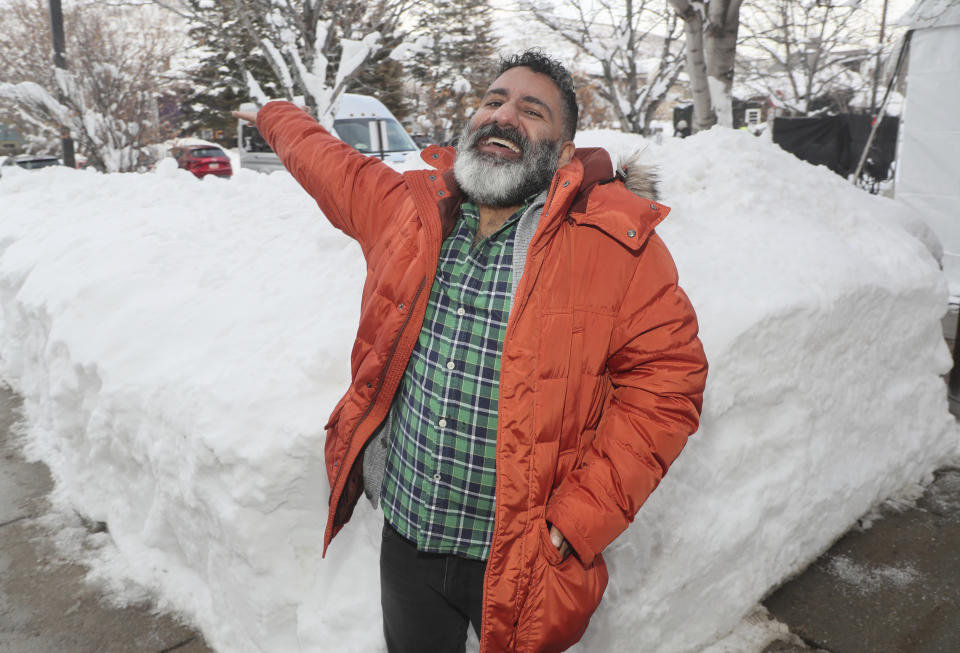 Actor Parvesh Cheena poses in the snow at the "Sometimes I Think About Dying," premiere during the 2023 Sundance Film Festival, Thursday, Jan. 19, 2023, in Park City, Utah. (Photo by Danny Moloshok/Invision/AP)