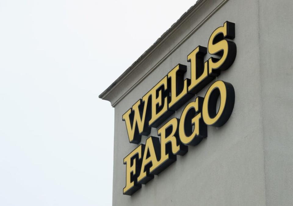 A general view of the Wells Fargo sign as photographed on March 20, 2020, in Carle Place, New York. (Photo by Bruce Bennett/Getty Images)