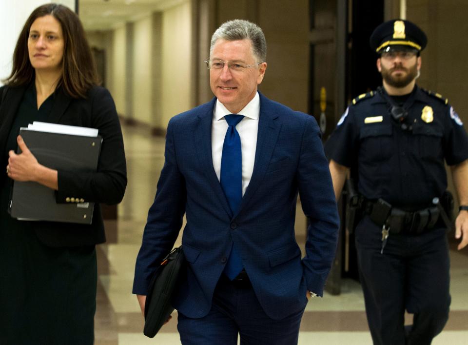 FILE - In this Oct. 3, 2019 file photo, Kurt Volker, a former special envoy to Ukraine, is leaving after a closed-door interview with House investigators, at the Capitol in Washington.  House investigators are releasing more transcripts Tuesday in the impeachment inquiry of President Donald Trump with hundreds of pages of testimony from two top diplomats dealing with Ukraine. Kurt Volker, the former special envoy to Ukraine, and Gordan Sondland, the U.S. Ambassador to the European Union, both testified about Trump’s interest in pursuing investigations of Joe Biden and Democrats as the White House withheld military aide to the East European ally. (AP Photo/Jose Luis Magana) ORG XMIT: WX101