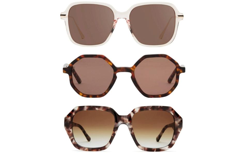 Acetate and steel sunglasses, £99, Bloobloom; Acetate sunglasses, £100, Jimmy Fairly; Italian acetate, £150, Finlay & Co