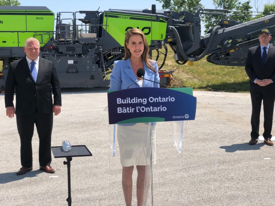 Ontario Transportation Minister Caroline Mulroney spoke at an announcement in the Windsor-Essex region announcing the awarding of the contract to widen Highway 3 between Essex and Leamington. Mulroney said the contract is worth $138 million.  (TJ Dhir/CBC - image credit)