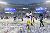 Green Bay Packers' Davante Adams reacts as he leaves the field after an NFL football game against the New York Giants, Sunday, Dec. 1, 2019, in East Rutherford, N.J. The Packers defeated the Giants 31-13.(AP Photo/Bill Kostroun)
