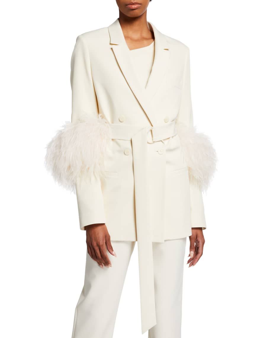 Belted Crepe Blazer with Feather Trim