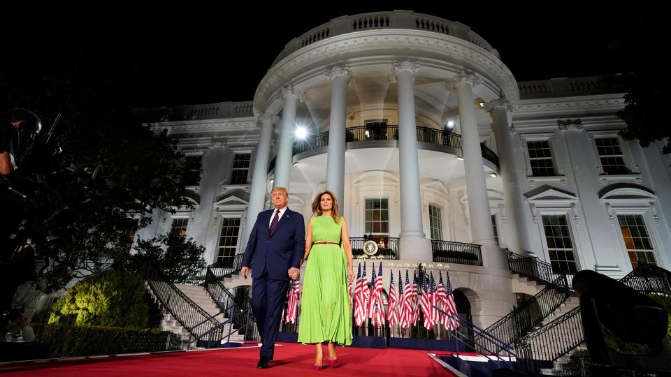 President Donald Trump and first lady Melania Trump arrive for his acceptance speech to the Republican National Committee Convention on the South Lawn of the White House, Thursday, Aug. 27, 2020, in Washington.