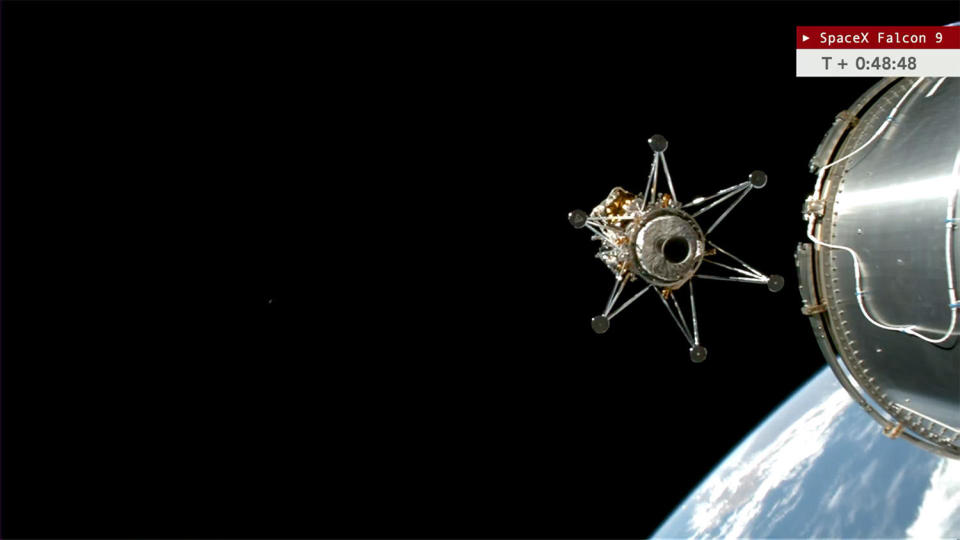 A camera on the upper stage of a SpaceX Falcon 9 rocket captures a spectacular scene as Intuitive Machine's Odysseus moon lander is released to fly on its own 48 minutes after launch from the Kennedy Space Center. If all goes well, the commercial lander will touch down near the moon's south pole next Thursday, becoming the first US vehicle to land on the moon in more than 50 years. / Credit: SpaceX