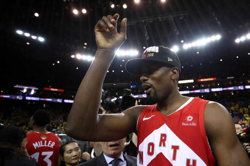 OAKLAND, CALIFORNIA - JUNE 13: Serge Ibaka #9 of the Toronto Raptors celebrates his teams victory over the Golden State Warriors in Game Six to win the 2019 NBA Finals at ORACLE Arena on June 13, 2019 in Oakland, California. NOTE TO USER: User expressly acknowledges and agrees that, by downloading and or using this photograph, User is consenting to the terms and conditions of the Getty Images License Agreement. (Photo by Ezra Shaw/Getty Images)