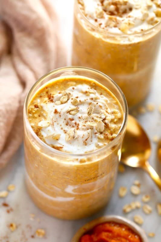 <p>Fit Foodie Finds</p><p>Fall calls for pumpkin overnight oats! This pumpkin cheesecake overnight oats recipe is made with rolled oats, chia seeds, Greek yogurt, pumpkin puree and a little maple syrup. </p><p><strong>Get the recipe: <em><a href="https://fitfoodiefinds.com/pumpkin-overnight-oats-recipe/" rel="nofollow noopener" target="_blank" data-ylk="slk:Pumpkin Overnight Oats;elm:context_link;itc:0;sec:content-canvas" class="link ">Pumpkin Overnight Oats</a></em></strong></p>