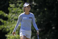 Lydia Ko of New Zealand smiles after sinking a birdie putt on the sixth hole during the third round of the Marathon Classic LPGA golf tournament Saturday, Aug. 8, 2020, at the Highland Meadows Golf Club in Sylvania, Ohio. (AP Photo/Gene J. Puskar)