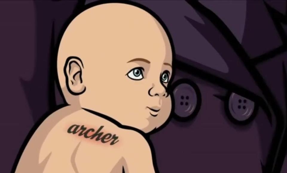 Baby Seamus with a tattoo of Archer's name in "Archer"