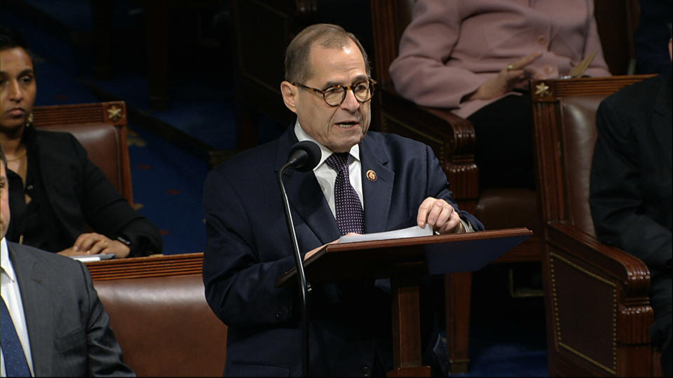 House Judiciary Committee Chairman Rep. Jerrold Nadler, D-N.Y., speaks as the House of Representatives debates the articles of impeachment against President Donald Trump at the Capitol in Washington, Wednesday, Dec. 18, 2019. (House Television via AP)