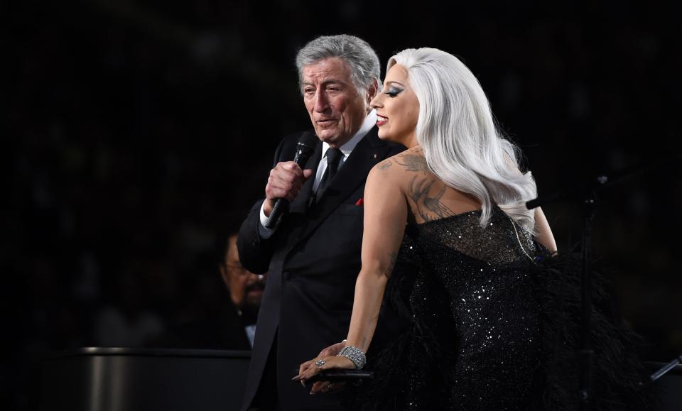 Lady Gaga and Tony Bennett perform on stage at the 57th Annual Grammy Awards in Los Angeles on February 8, 2015.