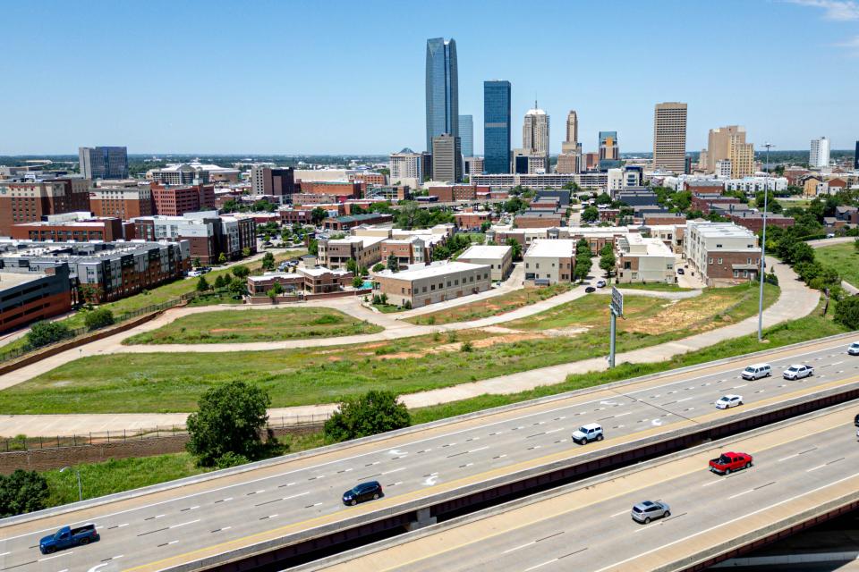 The Oklahoma City skyline overlooks Deep Deuce from Interstate 35 on June 6.