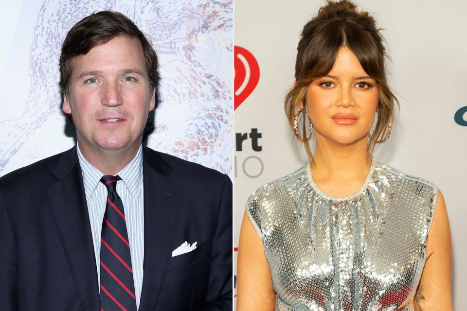 LOS ANGELES, CA - OCTOBER 21: Tucker Carlson attends Politicon 2018 at Los Angeles Convention Center on October 21, 2018 in Los Angeles, California. (Photo by Rich Polk/Getty Images for Politicon ); AUSTIN, TEXAS – MAY 7: Maren Morris poses backstage during the iHeartCountry Festival at the Moody Center on May 7, 2022 in Austin, Texas. (Photo by Barry Brecheisen/Getty Images)