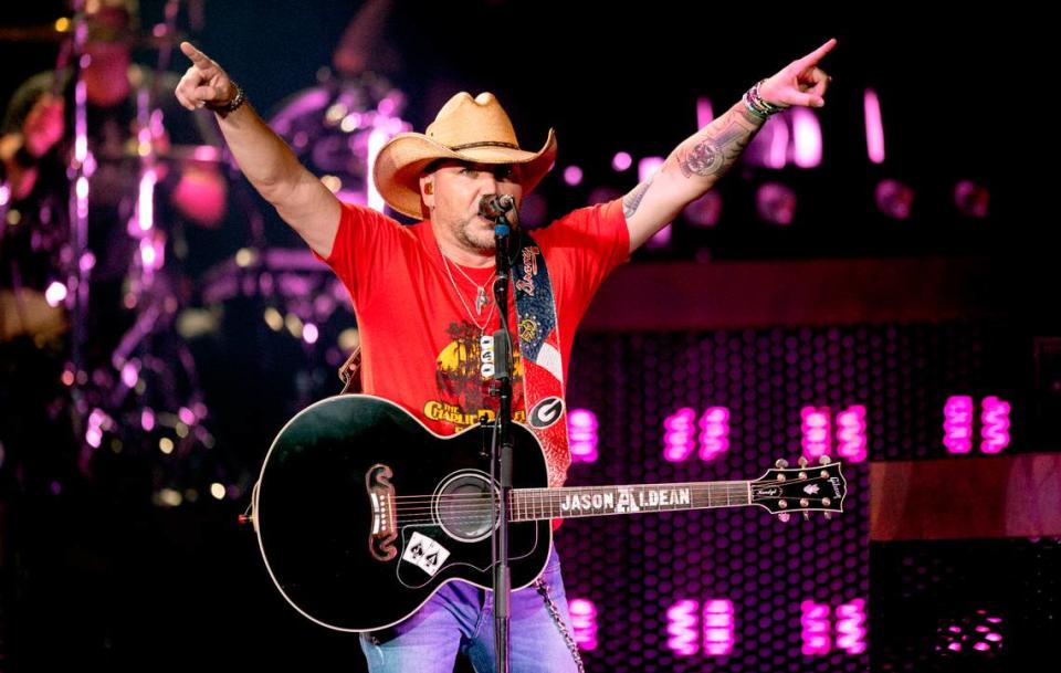 Jason Aldean acknowledges the crowd during his concert at Raleigh, N.C.’s Coastal Credit Union Music Park at Walnut Creek, Friday night, Aug. 11, 2023.
